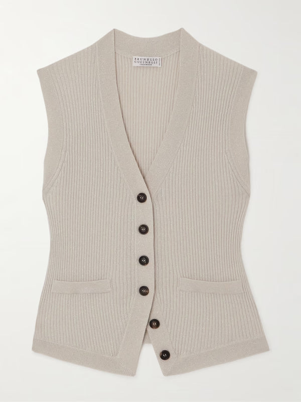 Ribbed metallic cashmere-blend vest